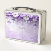 Lunchbox mit lila Blumen und baumelnden Perlen (Rückseite)