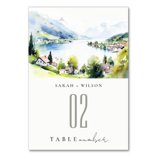 Lungern Schweiz Aquarell-Landschaft Hochzeit Tischnummer (Vorderseite)