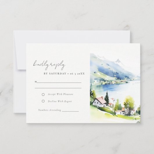 Lungern Switzerland Watercolor Landscape Wedding RSVP Karte (Vorderseite)