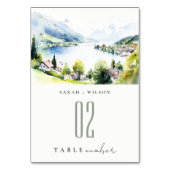 Lungern Switzerland Watercolor Landscape Wedding Tischnummer (Rückseite)