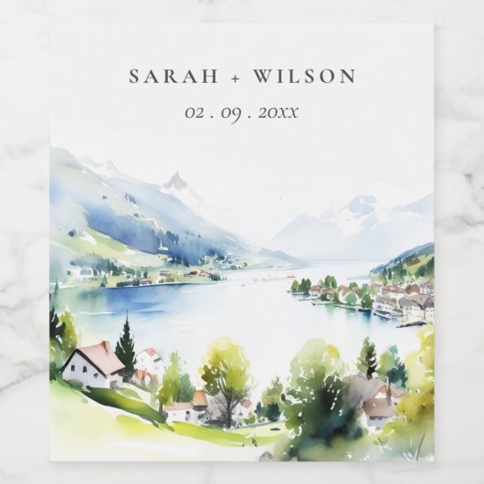 Lungern Switzerland Watercolor Landscape Wedding Weinetikett (Einzelnes Label)