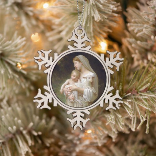 L'Unschuld Mary and Jesus Custom Text Year Schneeflocken Zinn-Ornament (Baum)