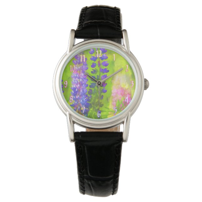 Lupine Painting - Originelle Blume Kunst Armbanduhr (Vorderseite)