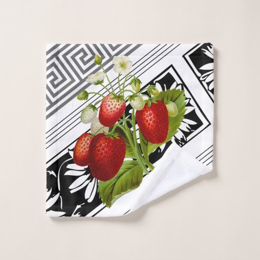 Luscious Erdbeeren auf Schwarz und Weiß Grafik Badhandtuch Set (Waschlappen)