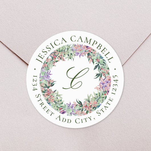Luscious Floral Wreath Monogram Rücksendeadresse Runder Aufkleber