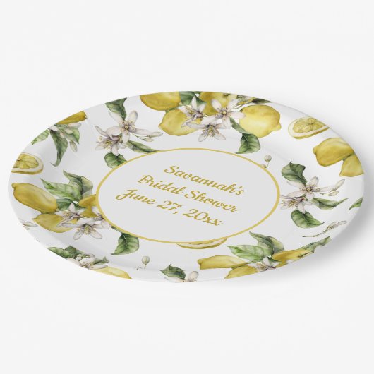 Luscious Zitronen und Grüne Mit Monogramm Pappteller (Schrägansicht)