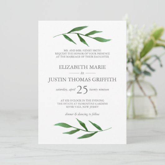 Lush Blätter Elegantes Wasserfarben Hochzeit Einla Einladung (Stehend Vorderseite)