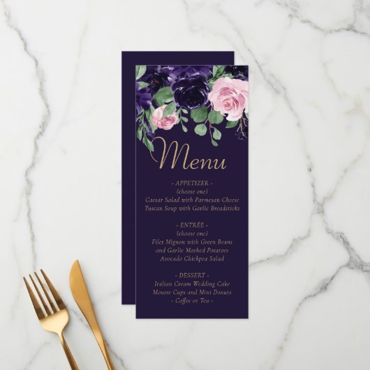 Lush Blossom | Dunkle Lila und rosa Rosengarten Menükarte (Vorderseite/Rückseite Beispiel)