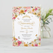 Lush Blush Elegante Blumenläppchen Quinceanera Inv Einladung (Stehend Vorderseite)