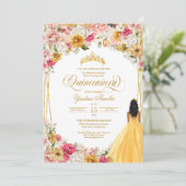 Lush Blush Pink Yellow Gold Quinceanera Inv Einladung (Stehend Vorderseite)