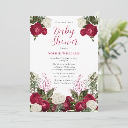 Lush Elegant Magenta Floral Girl Babydusche Einladung (Stehend Vorderseite)