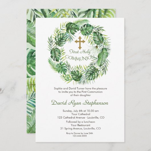 Lush Exotic Greenerity Gold Cross Heilige Kommunio Einladung (Vorne/Hinten)