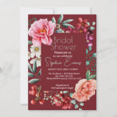 Lush Floral Bordered Modern Burgund Brautparty Einladung (Vorderseite)