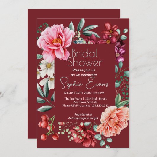 Lush Floral Bordered Modern Burgund Brautparty Einladung (Vorne/Hinten)