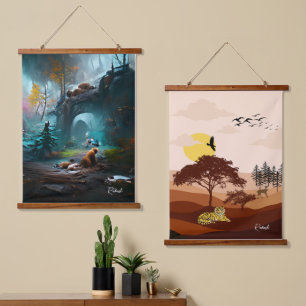 Lush Forest Landscape und Savannah Natur Sonnenunt Wandteppich Mit Holzrahmen