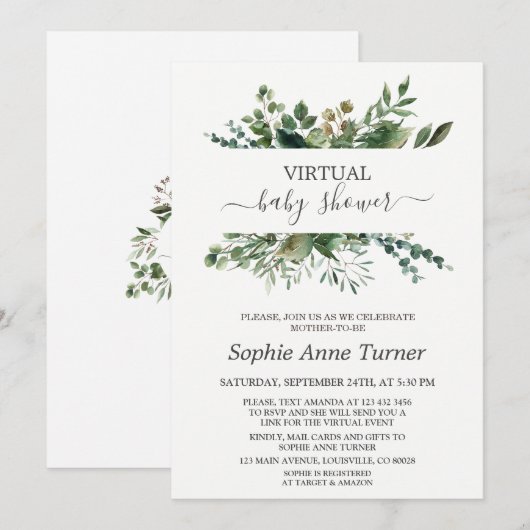 Lush Geometric Greenery Virtual Baby Dusche Einladung (Vorne/Hinten)