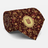Lush-Gold-Blume auf Burgundy Monogram Krawatte (Gerollt)