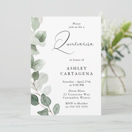 Lush Green Blätter Gorgeous Quinceanera 15. Einladung (Stehend Vorderseite)