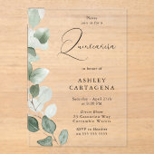 Lush Green Blätter Moderne Quinceanera Acryleinladungen (Vorderseite)