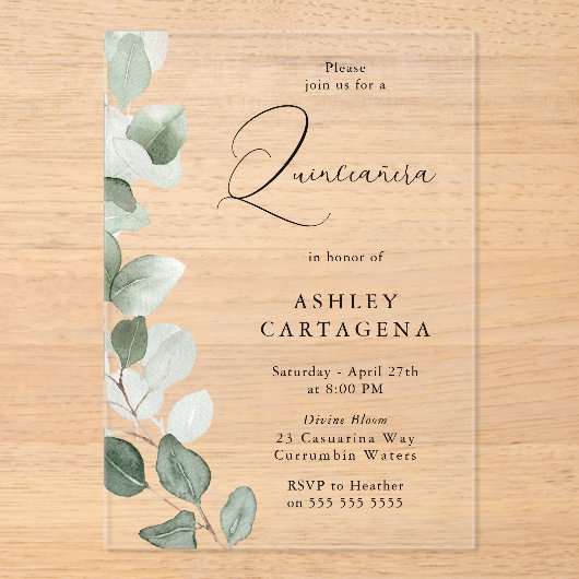 Lush Green Blätter Moderne Quinceanera Acryleinladungen (Vorderseite)