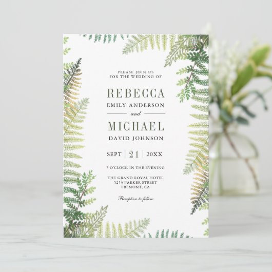 Lush Green Ferns Foto All in One QR Code Wedding Einladung (Stehend Vorderseite)