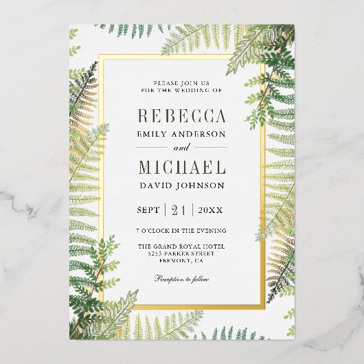 Lush Green Ferns Foto All in One Wedding Gold Folieneinladung (Vorderseite)