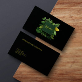 Lush Green Foliage Black Gold Frame Botanical Visitenkarte