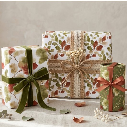 Lush Green Red Botanical Blossom Watercolor TMF26 Geschenkpapier Set