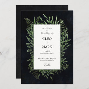 Lush Green Wreath Midnight Moody Wedding Einladung