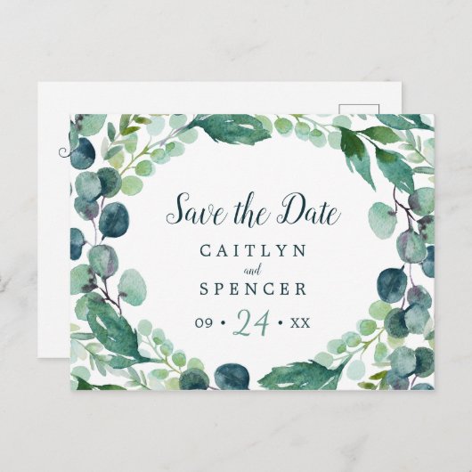 Lush Greenery & Eucalyptus Save the Date Postcard Einladungspostkarte (Vorne/Hinten)