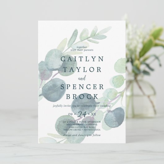 Lush Greenery Faded Eucalyptus Wedding Einladung (Stehend Vorderseite)
