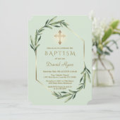 Lush Greenery Gold Cross Boy Taufe Einladung (Stehend Vorderseite)