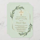 Lush Greenery Gold Cross Boy Taufe Einladung (Vorne/Hinten)