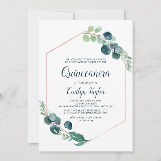 Lush Greenery Rose Gold Geometric Quinceñera Einladung (Vorderseite)