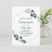 Lush Greenery Rose Gold Geometric Quinceñera Einladung (Stehend Vorderseite)
