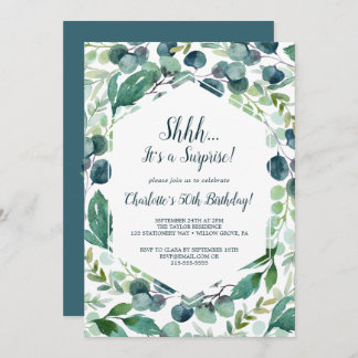 Lush Greenery und Eucalyptus Surprise Party Einladung