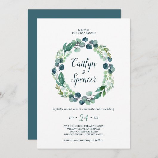 Lush Greenery Wreath Lässig Wedding Einladung (Vorne/Hinten)