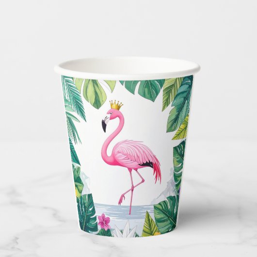 Lush Leafy | Elegant Rosa Flamingo Crown Tropical Pappbecher (Vorderseite)