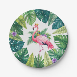 Lush Leafy | Elegant Rosa Flamingo Crown Tropical Pappteller