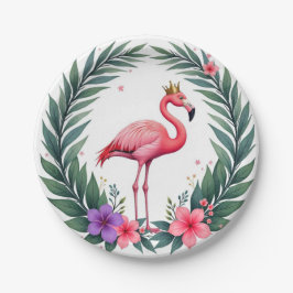 Lush Leafy | Elegant Rosa Flamingo Crown Tropical Pappteller