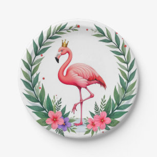 Lush Leafy   Elegant Rosa Flamingo Crown Tropical Pappteller
