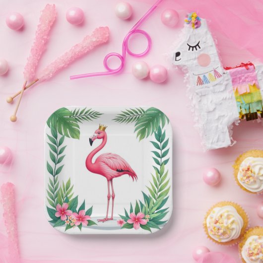Lush Leafy | Elegant Rosa Flamingo Crown Tropical Pappteller (Party)