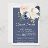 Lush Magnolia Rose Navy Blue & Blush Brautparty Einladung (Vorderseite)