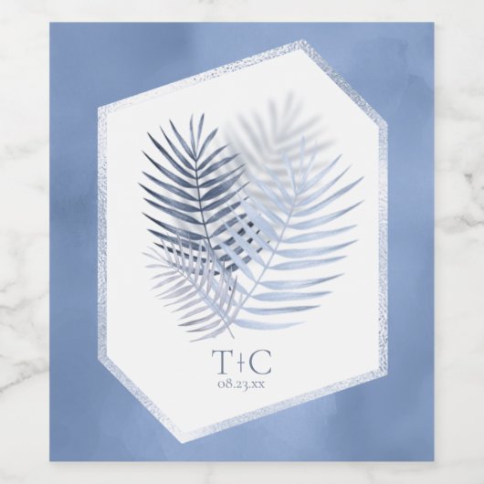 Lush Palm Leaf Wedding Blue ID956 Weinetikett (Einzelnes Label)