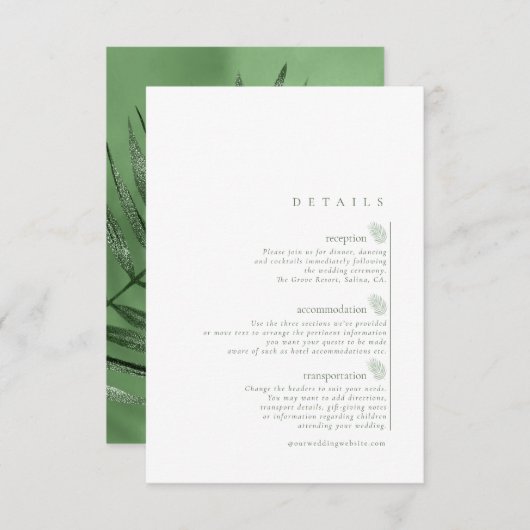 Lush Palm Leaf Wedding Details Moss Green ID956 Begleitkarte (Vorne/Hinten)