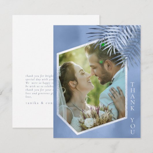Lush Palm Leaf Wedding Foto Windsor Blue ID956 Dankeskarte (Vorne/Hinten)