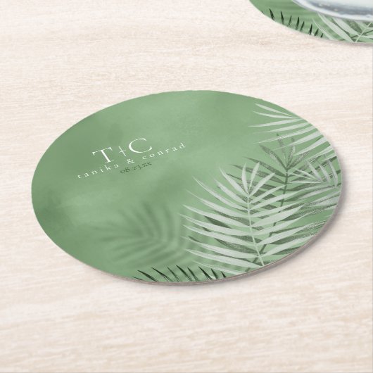 Lush Palm Leaf Wedding Moss Green ID956 Runder Pappuntersetzer (Angewinkelt)