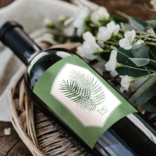 Lush Palm Leaf Wedding Moss Green ID956 Weinetikett