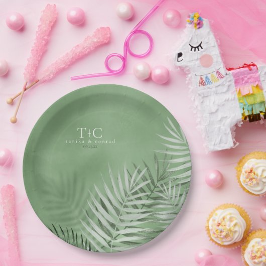 Lush Palm Leaf Wedding Moss Green V2 ID956 Pappteller (Party)