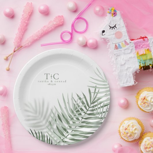 Lush Palm Leaf Wedding Moss Green/Wht ID956 Pappteller (Party)